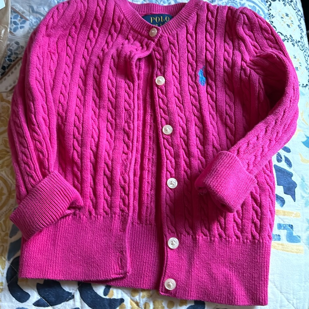 Ralph Lauren Polo Cardigan Cable Knit cotton Sz 2/2T Pink blue horse - Picture 3 of 12